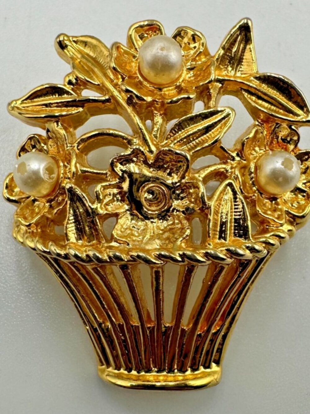 3 for $30 Vintage Floral Basket Brooch Gold Tone Faux Pearls Flower Pin